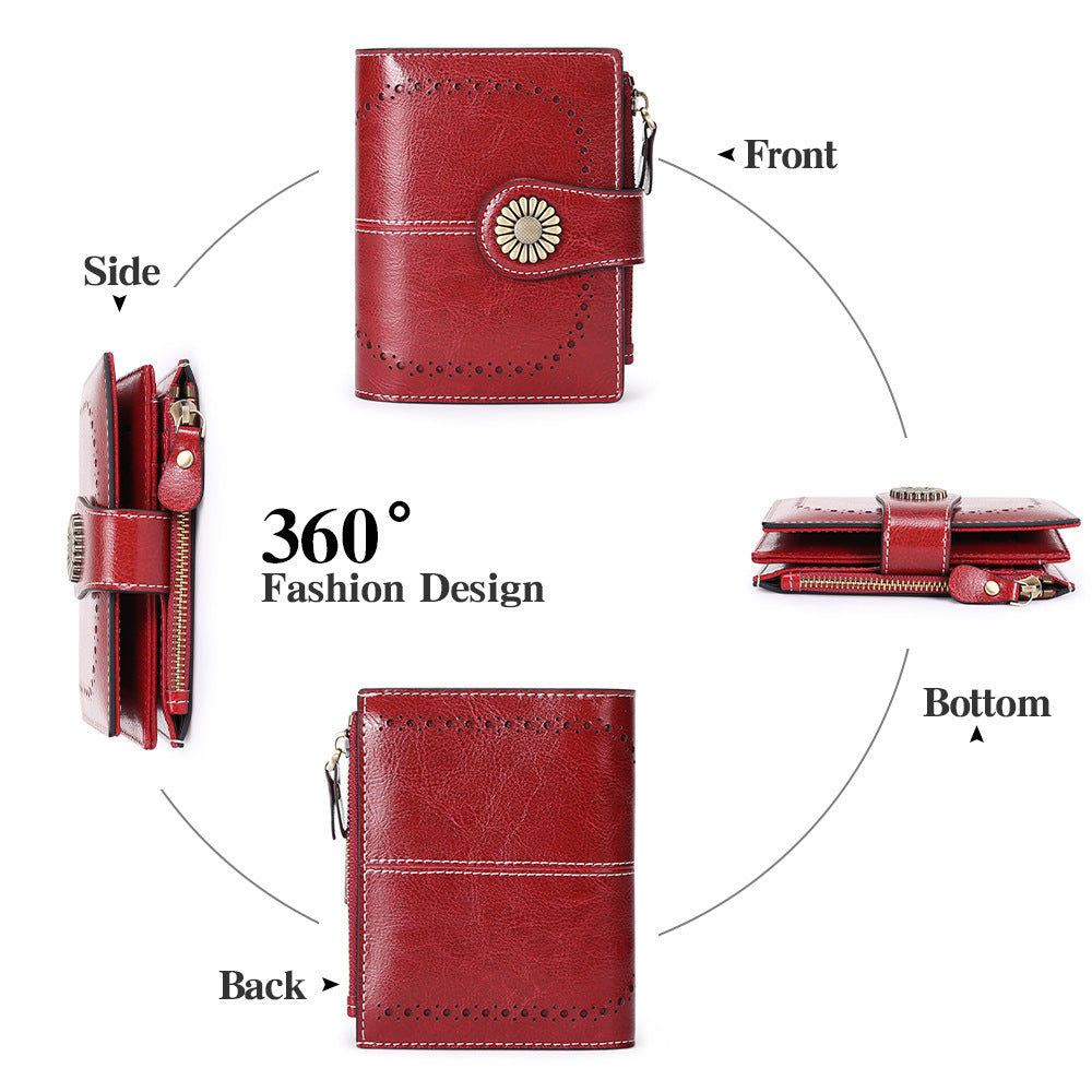Red Women's Short Leather Wallet - European Style Waxed Leather Coin Purse with Zipper Card Holder in Red - Image 4