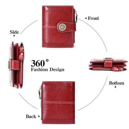 Red Women's Short Leather Wallet - European Style Waxed Leather Coin Purse with Zipper Card Holder in Red - Image 4