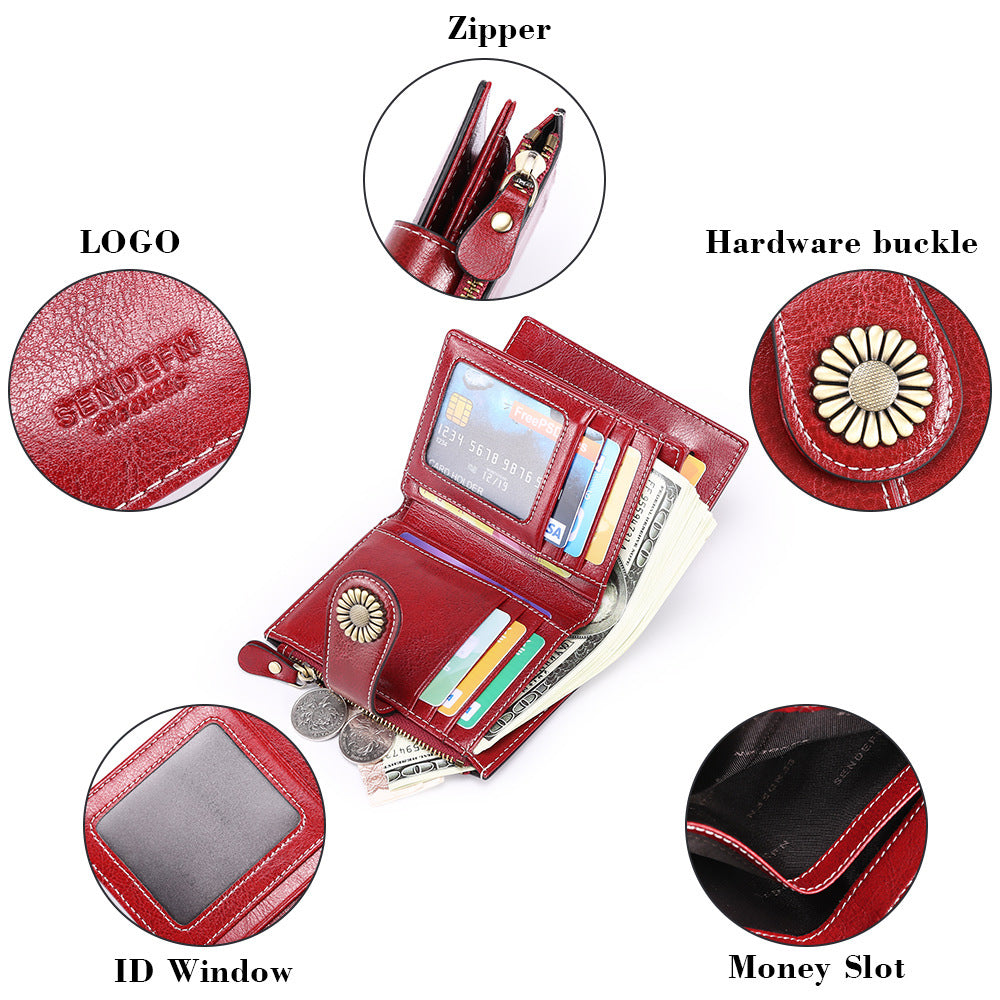 Red Women's Short Leather Wallet - European Style Waxed Leather Coin Purse with Zipper Card Holder in Red - Image 5