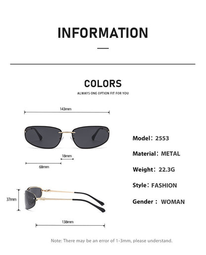 Gold-rimmed Black-and-grey Lenses 2PCS Retro Y2K Rimless Oval Sunglasses for Women | Fashion Metal Frame Old Money Aesthetic | Sweet Cool Spice Girl Sunnies - Image 2