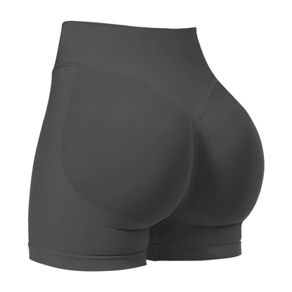L Grey High-Elastic Hip Yoga Shorts - Seamless Mid-Intensity Pilates Workout Shorts