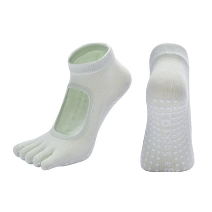 Macaron Green 3-Pack Women's Non-Slip Five-Finger Yoga Socks - Open Back Combed Cotton Pilates & Fitness Grip Socks for Professional Exercise