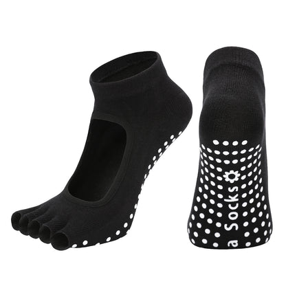 Black 3-Pack Women's Non-Slip Five-Finger Yoga Socks - Open Back Combed Cotton Pilates & Fitness Grip Socks for Professional Exercise