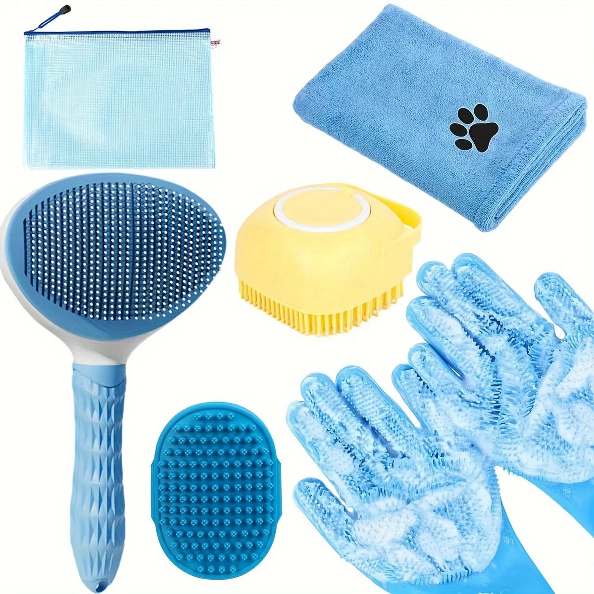 Blue 6-Piece Dog Grooming Bath Set - Absorbent Microfiber Towels & Wash Mitts for Shiny Coats