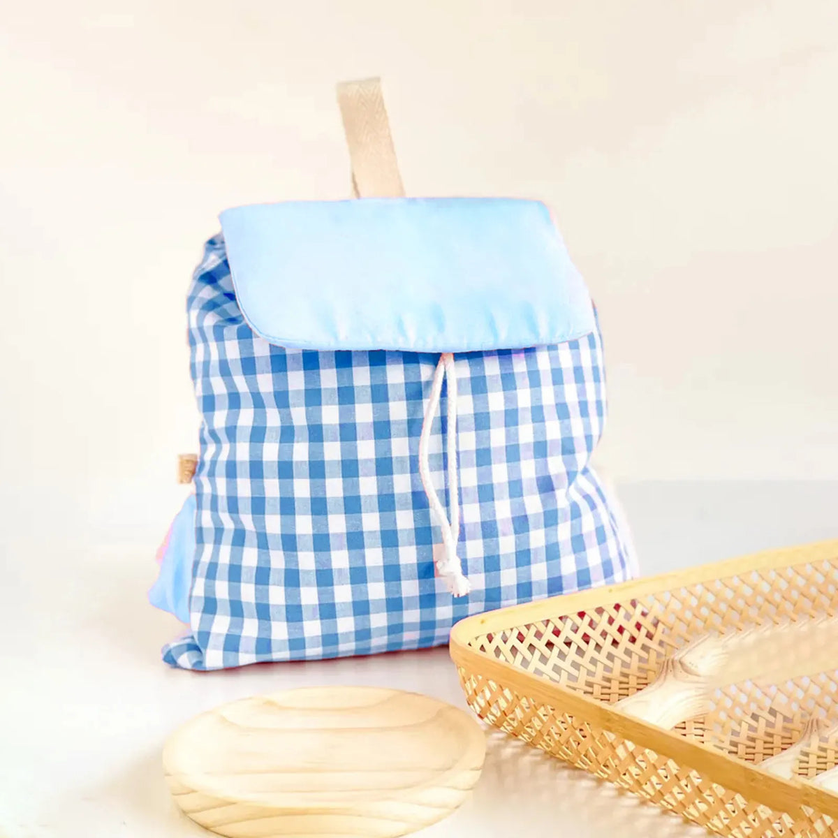Blue Trendy Gingham Checkered Canvas Backpack | Aesthetic Student School Bag | Casual Daily Travel Daypack