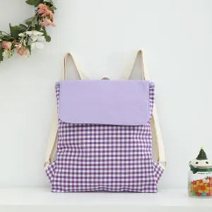 Purple Trendy Gingham Checkered Canvas Backpack | Aesthetic Student School Bag | Casual Daily Travel Daypack