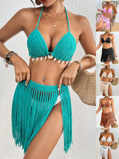 Green Women's Hand-Crocheted Two-Piece Bikini Set with Shell Accents and Tassel Skirt - Image 2