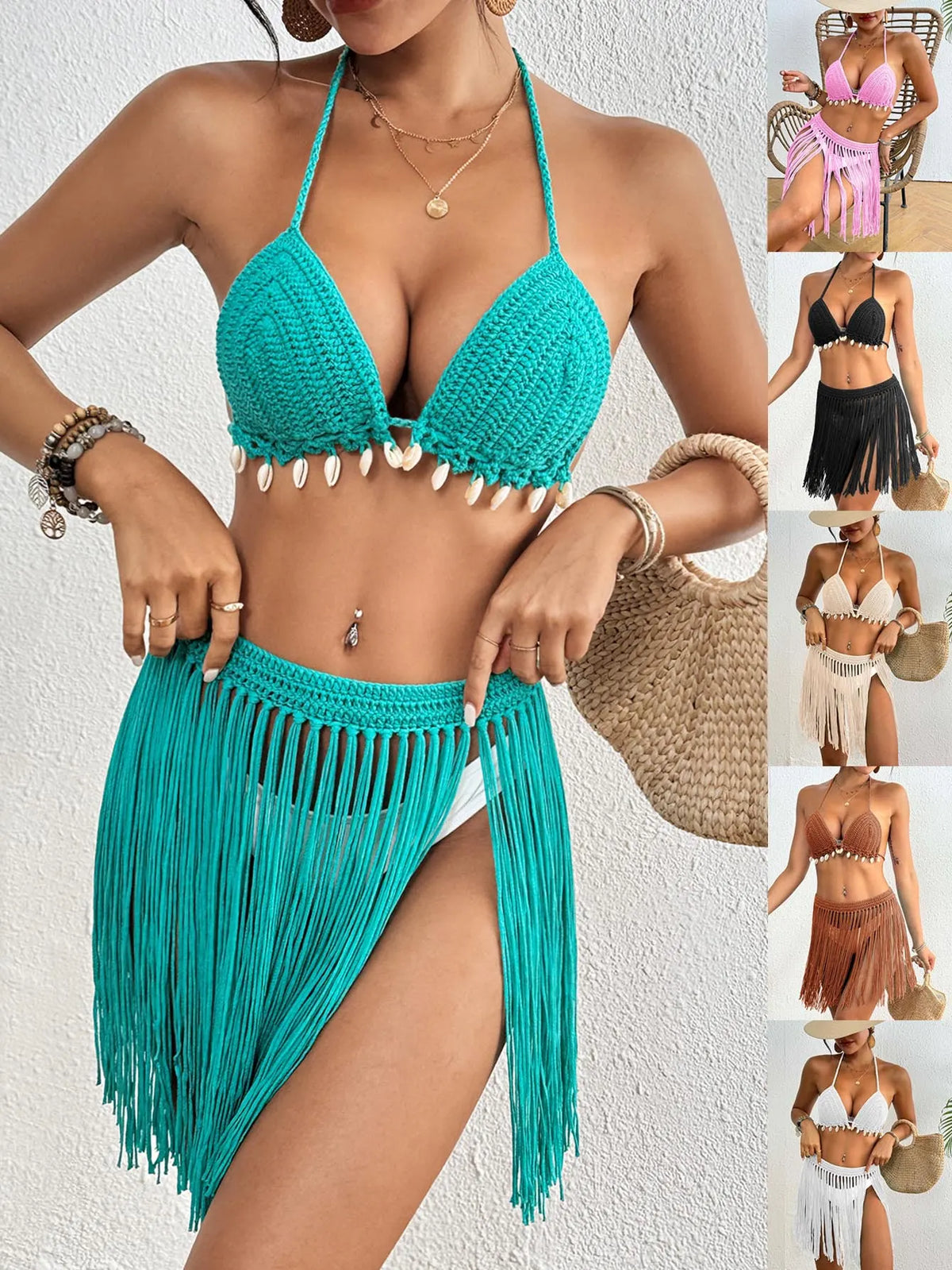 Pink Women's Hand-Crocheted Two-Piece Bikini Set with Shell Accents and Tassel Skirt - Image 2