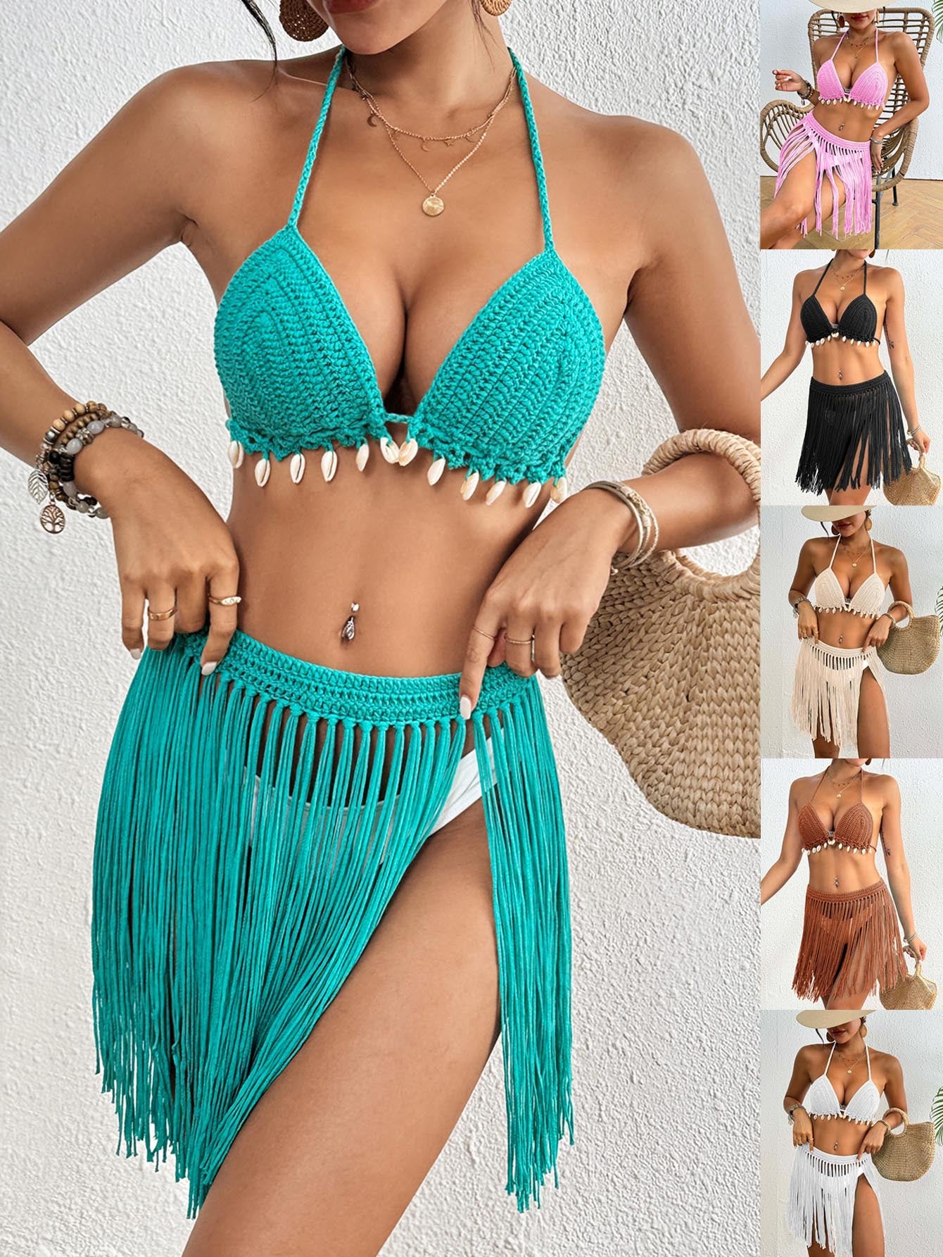 Beige Women's Hand-Crocheted Two-Piece Bikini Set with Shell Accents and Tassel Skirt - Image 2
