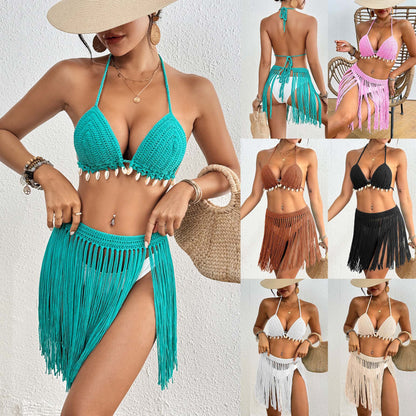 Black Women's Hand-Crocheted Two-Piece Bikini Set with Shell Accents and Tassel Skirt - Image 3