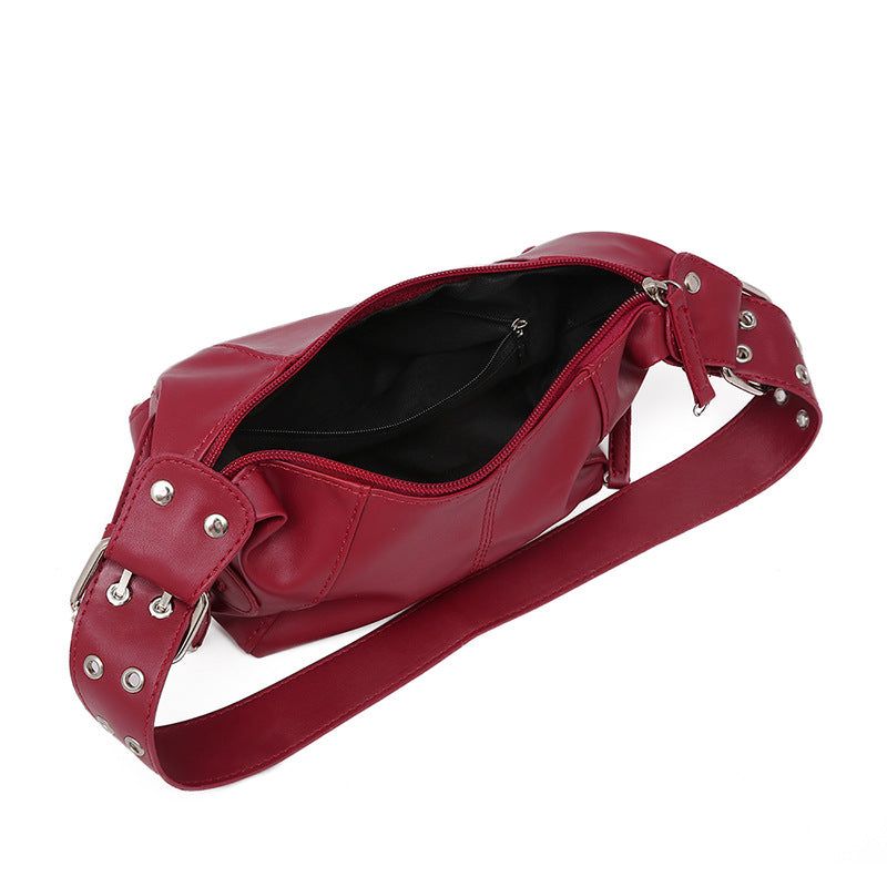 Red PU Leather Zippered Shoulder Bag – Retro European Style Crossbody and Handheld Bag - Image 3