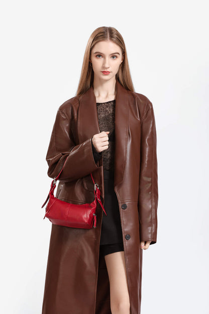Red PU Leather Zippered Shoulder Bag – Retro European Style Crossbody and Handheld Bag - Image 5