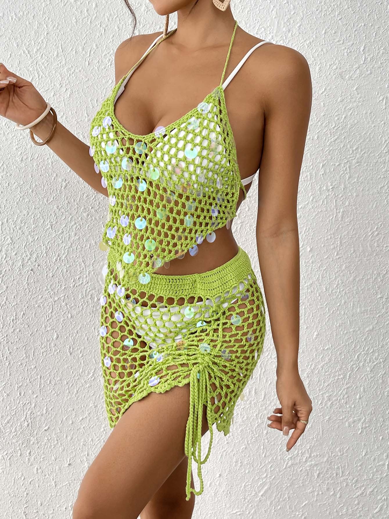 Green Women's Hand-Crocheted Beachwear Set with Sequin Embellishments – Boho Style Two-Piece Bikini Cover-Up - Image 3