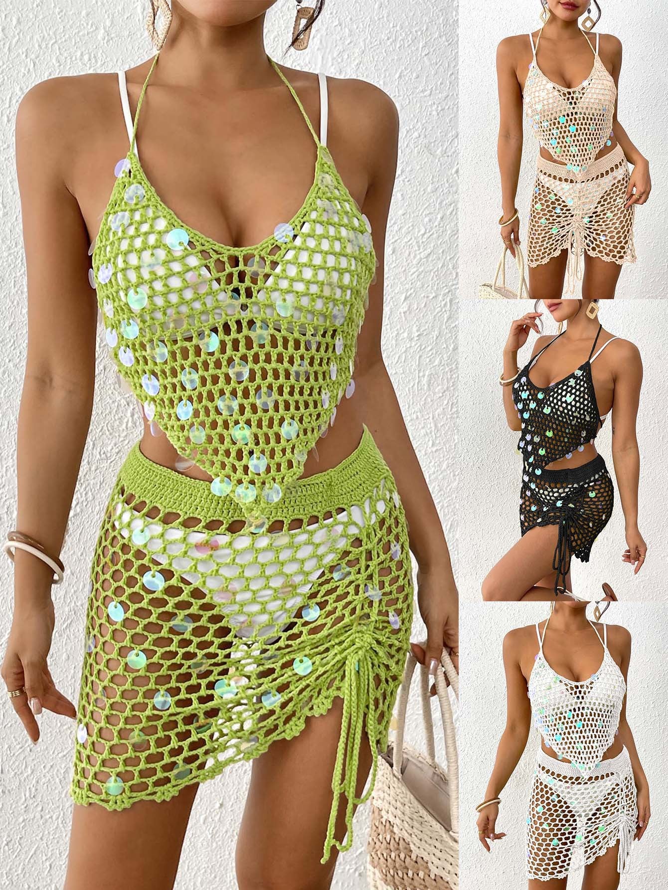 Beige Women's Hand-Crocheted Beachwear Set with Sequin Embellishments – Boho Style Two-Piece Bikini Cover-Up - Image 2