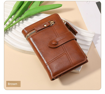 Brown Soft PU Leather Women's Wallet – Compact Foldable Wallet with Multiple Card Slots and Zippered Compartment