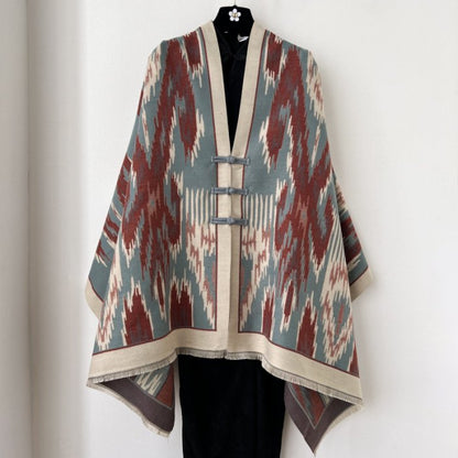 Blue and Dark Red New Style Buttoned Shawl – Double-Sided Winter Scarf with Ethnic Pattern, Faux Cashmere Feel for Travel and Fashion