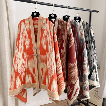 Black New Style Buttoned Shawl – Double-Sided Winter Scarf with Ethnic Pattern, Faux Cashmere Feel for Travel and Fashion - Image 2