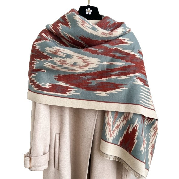 Orange New Style Buttoned Shawl – Double-Sided Winter Scarf with Ethnic Pattern, Faux Cashmere Feel for Travel and Fashion - Image 4