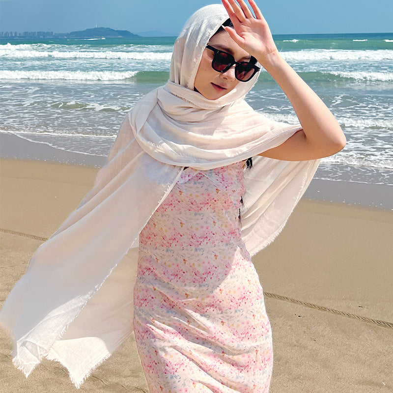 White Cotton and linen scarves - Elegant, solid-color, lightweight shawls, soft and comfortable, suitable for pairing with various outfits. - Image 7
