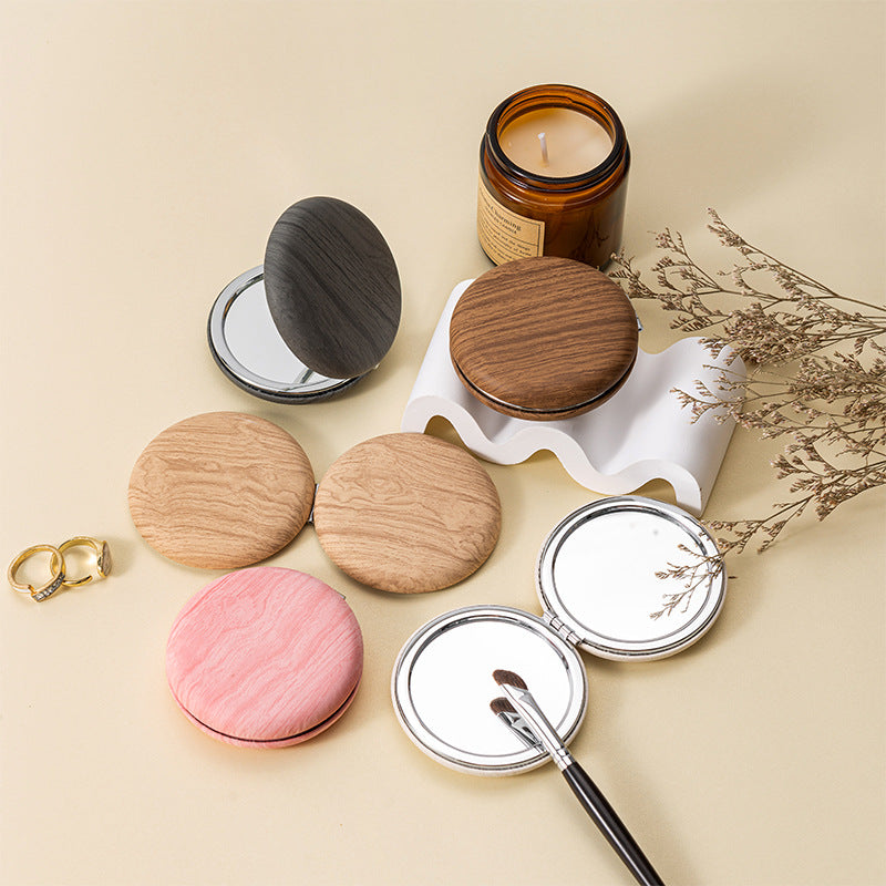 2 Pcs Pink Portable Wooden-Style Makeup Mirror - Dual-Sided High-Definition Compact Mirror  - Image 2