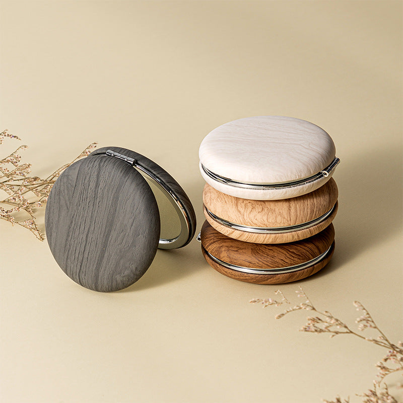 2 Pcs Pink Portable Wooden-Style Makeup Mirror - Dual-Sided High-Definition Compact Mirror  - Image 4