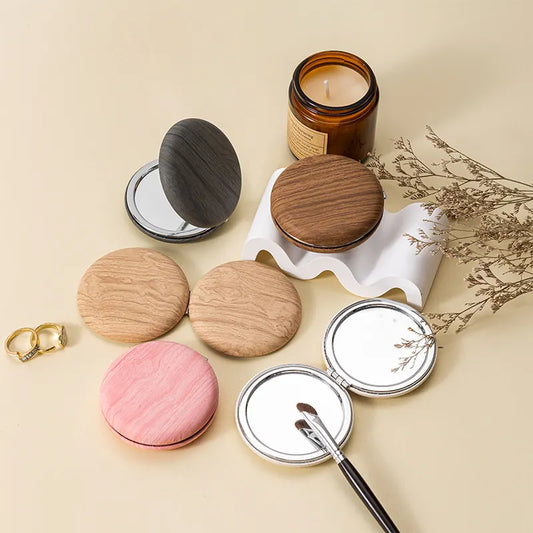 2 Pcs Khaki Portable Wooden-Style Makeup Mirror - Dual-Sided High-Definition Compact Mirror  - Image 2