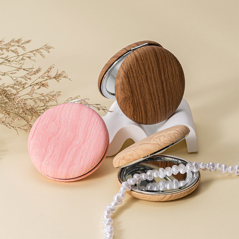 2 Pcs Khaki Portable Wooden-Style Makeup Mirror - Dual-Sided High-Definition Compact Mirror  - Image 3