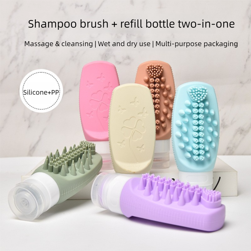 Blue Travel Silicone Refillable Bottle Set – Multi-Functional Soft-Squeeze Dispenser with Built-in Brush (3-Pack) - Image 2
