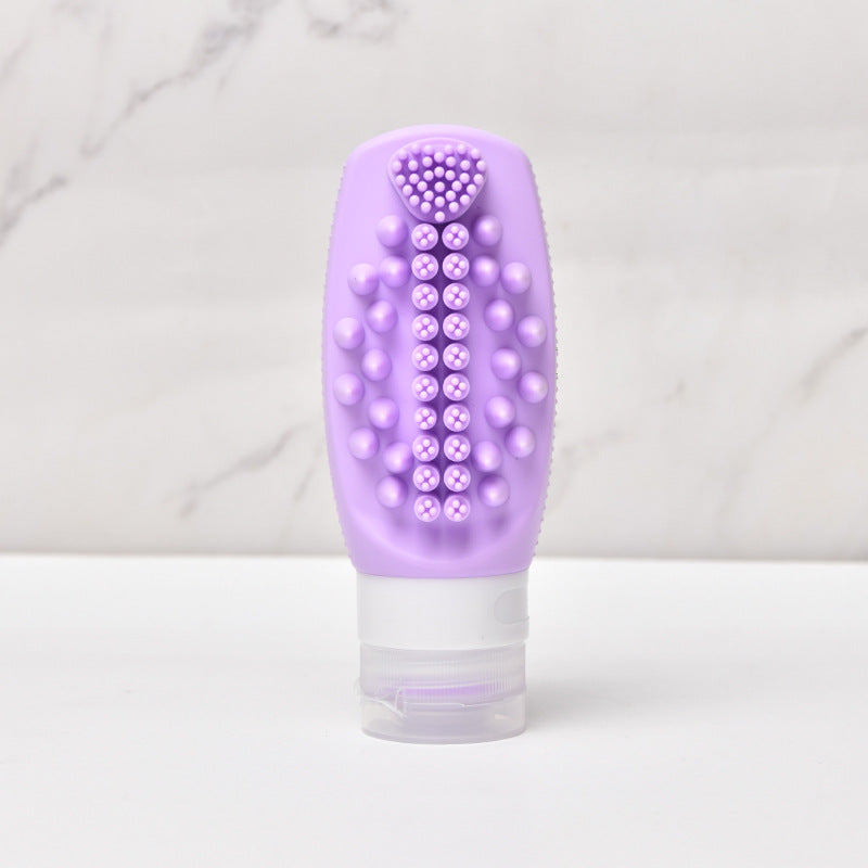 Purple Travel Silicone Refillable Bottle Set – Multi-Functional Soft-Squeeze Dispenser with Built-in Brush (3-Pack)