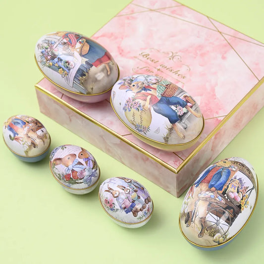 Easter Decorative Tin Egg Set of 3 Sizes with Vintage Rabbit Artwork for Home Display and Gift Giving(Style A) - Image 3