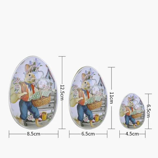 Easter Decorative Tin Egg Set of 3 Sizes with Vintage Rabbit Artwork for Home Display and Gift Giving(Style B)