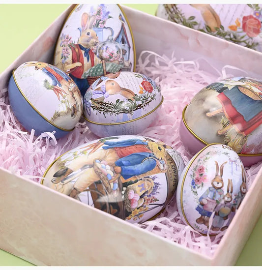 Easter Decorative Tin Egg Set of 3 Sizes with Vintage Rabbit Artwork for Home Display and Gift Giving(Style C) - Image 4