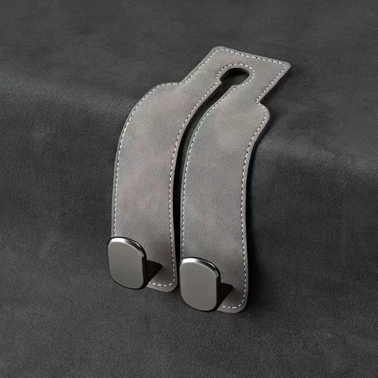 Grey 4-Pack Car Seat Back Hooks – Hidden Suede Leather with Metal Hooks for Storage and Phone Stand