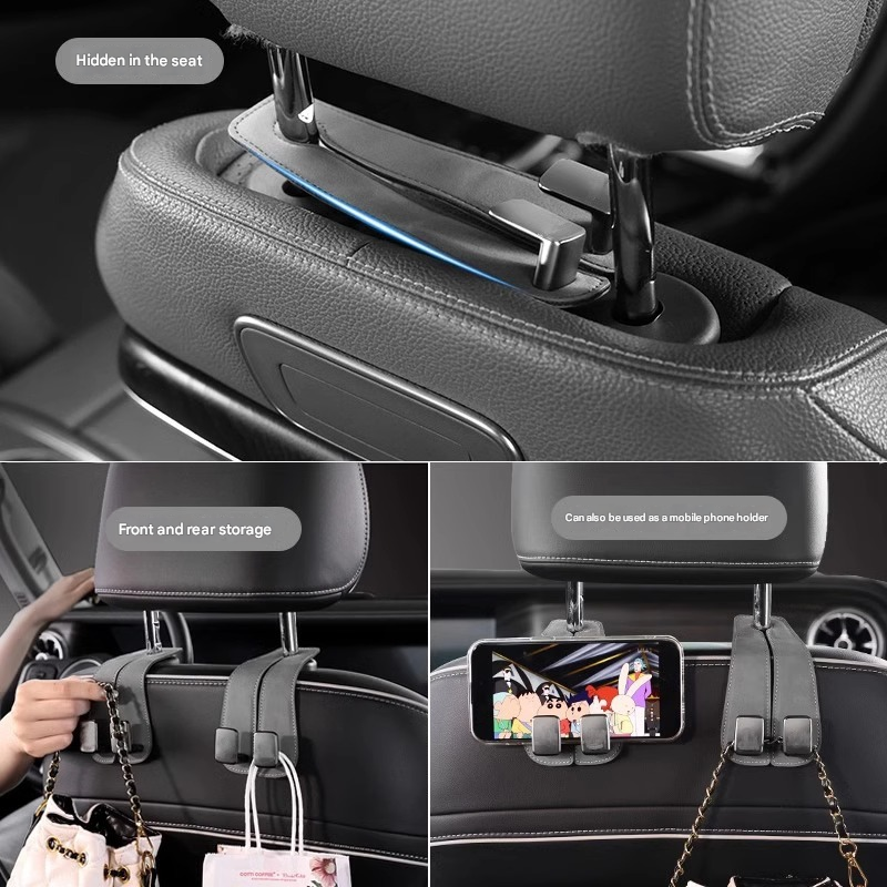 Grey 4-Pack Car Seat Back Hooks – Hidden Suede Leather with Metal Hooks for Storage and Phone Stand - Image 3