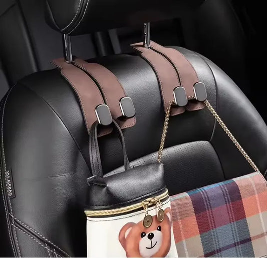 Brown 4-Pack Car Seat Back Hooks – Hidden Suede Leather with Metal Hooks for Storage and Phone Stand - Image 2