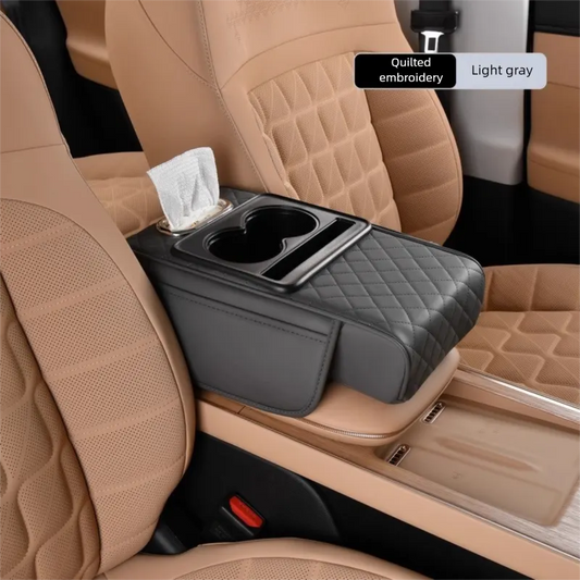 Grey Car Central Armrest Box Raiser Pad with Cup Holder, Tissue Box & Phone Storage – 4-in-1 Multi-Functional Design