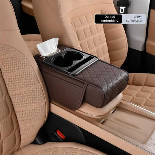 Coffee color Car Central Armrest Box Raiser Pad with Cup Holder, Tissue Box & Phone Storage – 4-in-1 Multi-Functional Design