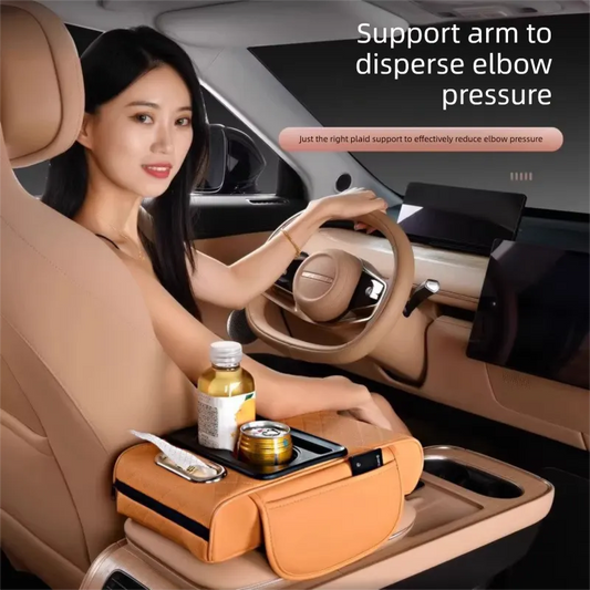 Beige Car Central Armrest Box Raiser Pad with Cup Holder, Tissue Box & Phone Storage – 4-in-1 Multi-Functional Design - Image 4