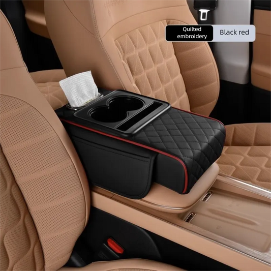 Black and red Car Central Armrest Box Raiser Pad with Cup Holder, Tissue Box & Phone Storage – 4-in-1 Multi-Functional Design