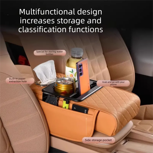 Yellow Car Central Armrest Box Raiser Pad with Cup Holder, Tissue Box & Phone Storage – 4-in-1 Multi-Functional Design - Image 2