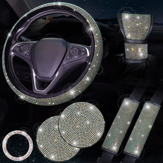 Colorful 7-Piece Car Interior Decoration Set – Crystal Rhinestone Steering Wheel Cover, Gear Shift Cover, Seat Belt Pads, Cup Coasters & Ignition Switch Cover