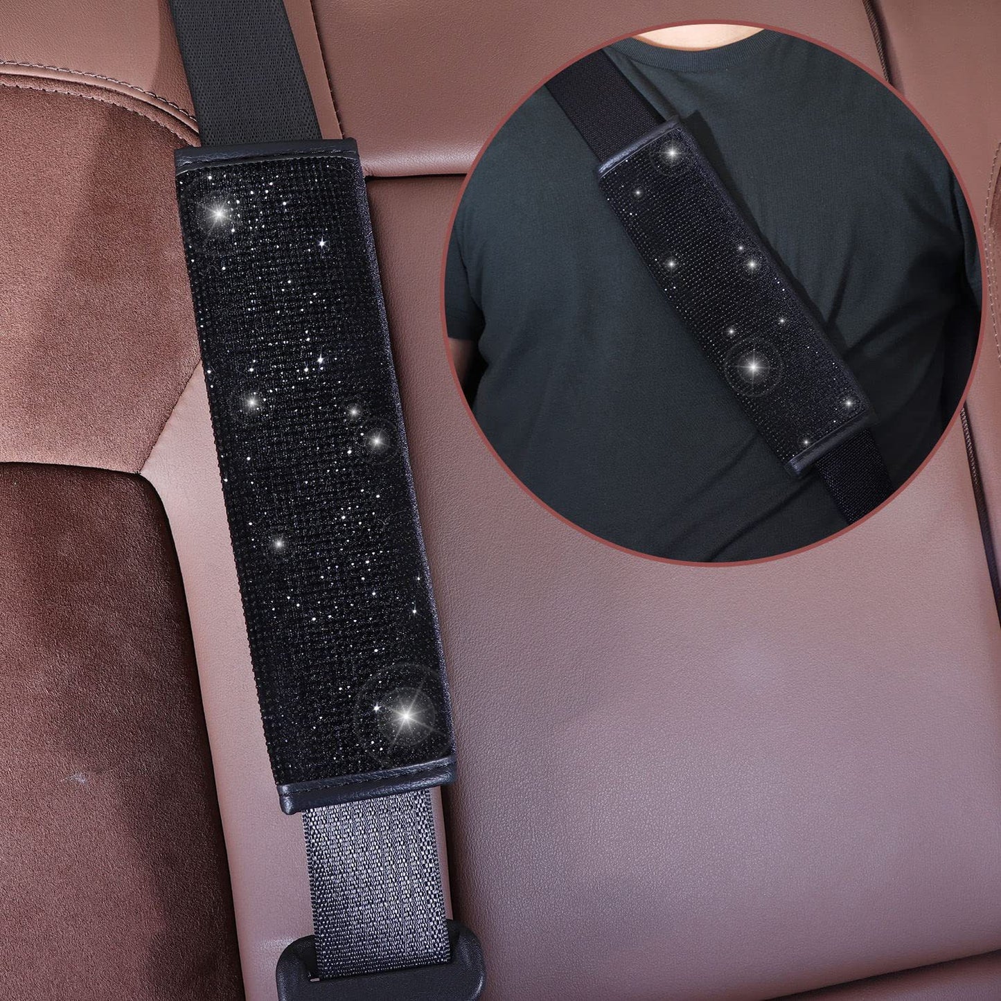 Blue 7-Piece Car Interior Decoration Set – Crystal Rhinestone Steering Wheel Cover, Gear Shift Cover, Seat Belt Pads, Cup Coasters & Ignition Switch Cover - Image 3