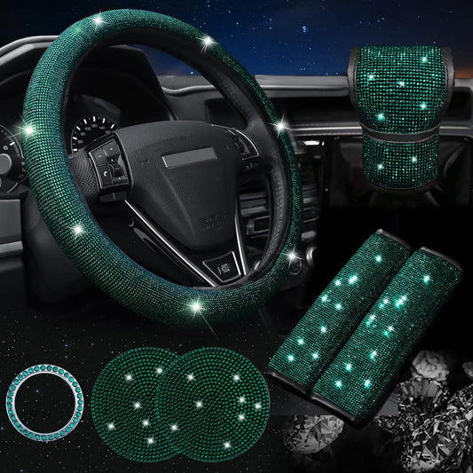 Green 7-Piece Car Interior Decoration Set – Crystal Rhinestone Steering Wheel Cover, Gear Shift Cover, Seat Belt Pads, Cup Coasters & Ignition Switch Cover