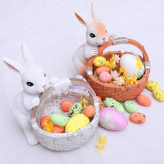 White Easter Rabbit Resin Decor with Basket – Festive Home Ornament for Spring and Holiday Display - Image 2
