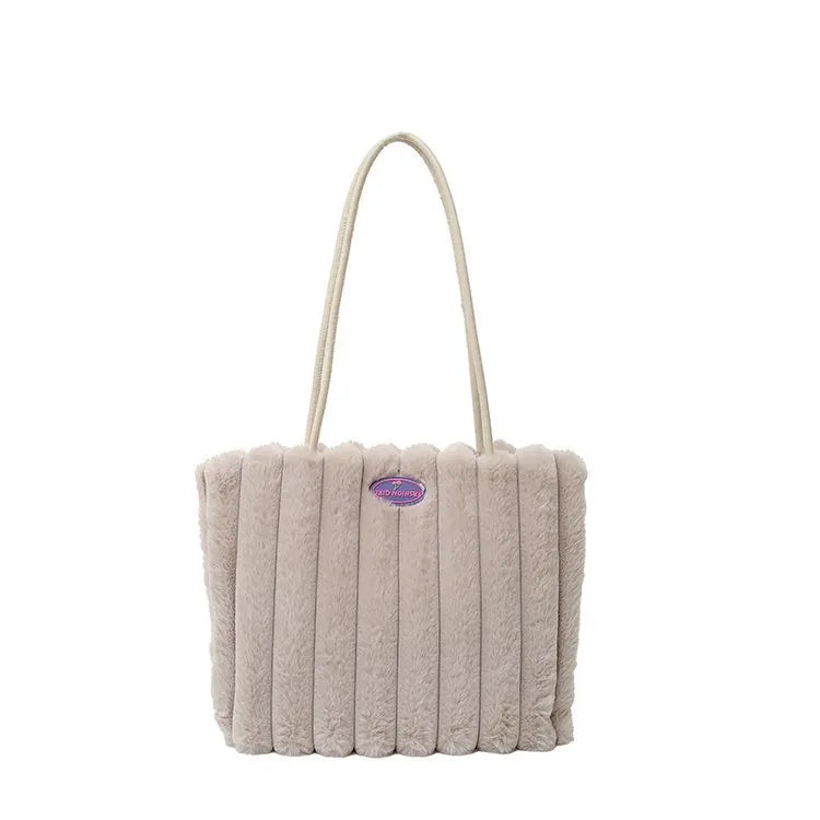 Khaki Faux Fur Tote Bag with Large Capacity, Soft Plush Material & Adjustable Handle – Stylish Shoulder Handbag for Women, Perfect for Daily Commute and Casual Wear