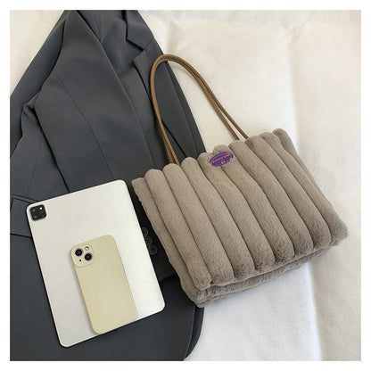 Khaki Faux Fur Tote Bag with Large Capacity, Soft Plush Material & Adjustable Handle – Stylish Shoulder Handbag for Women, Perfect for Daily Commute and Casual Wear - Image 3