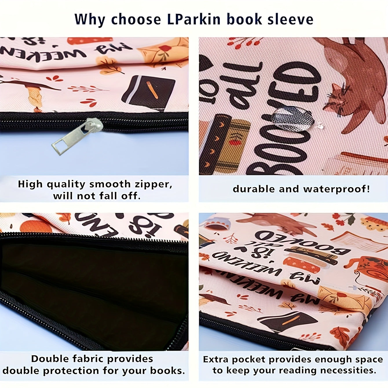 Cat Teacup Zippered Book Sleeve with Printed Design – Waterproof Protective Cover for Books, Ideal for Readers and Students with Extra Pocket & Carry Strap - Image 2
