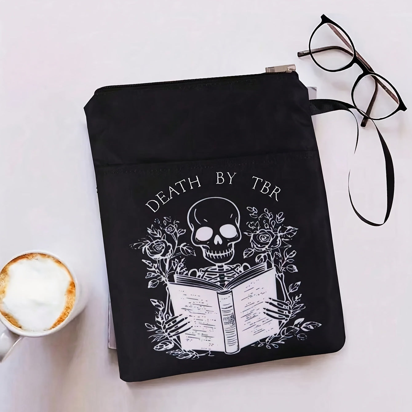 Black skull Zippered Book Sleeve with Printed Design – Waterproof Protective Cover for Books, Ideal for Readers and Students with Extra Pocket & Carry Strap