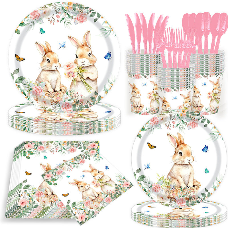 Easter Bunny Party Tableware Set – 7" & 9" Plates, Cups, Napkins, Pink Cutlery, Spring Floral Rabbit Design for 20 Guests