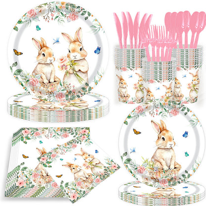 Easter Bunny Party Tableware Set – 7" & 9" Plates, Cups, Napkins, Pink Cutlery, Spring Floral Rabbit Design for 20 Guests